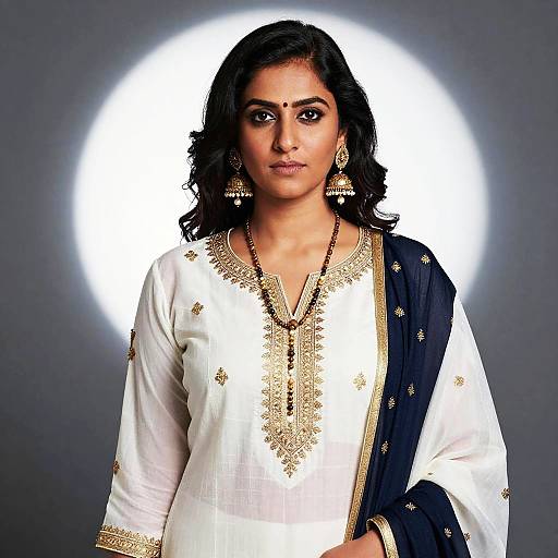 Photograph of an Indian woman with medium brown skin, black wavy hair, wearing a white embroidered kameez with gold trim and black dupatta