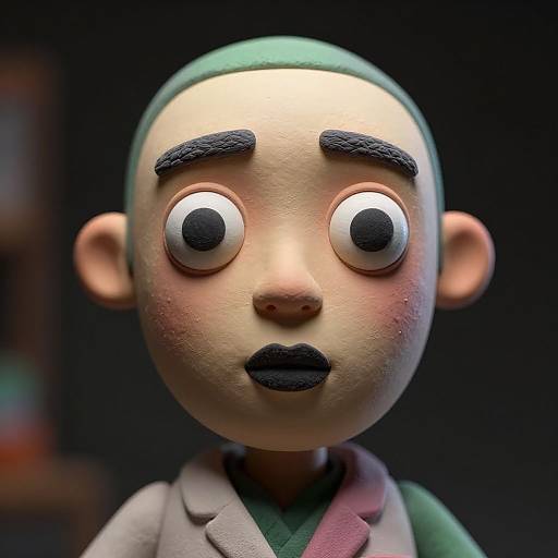 CGI close-up of a cartoon character with large, wide eyes, black eyebrows, and lips, green headband, wearing a green shirt and beige