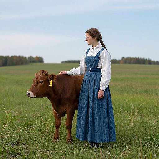 Serene Woman with Calf in Landscape