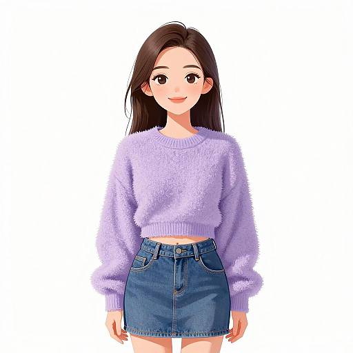 Smiling Woman in Lilac Sweater and Denim