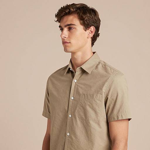 Young Man in Beige Short-Sleeve Shirt