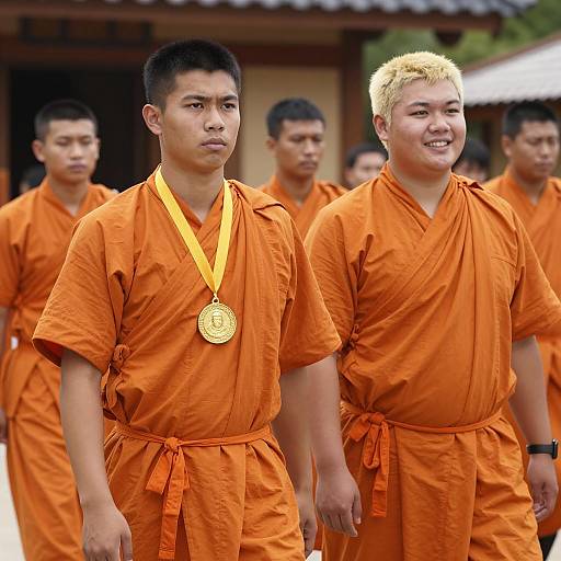 Young Men in Orange Robes Gathered