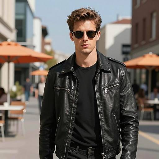 Young Man in Black Leather Jacket on City Street