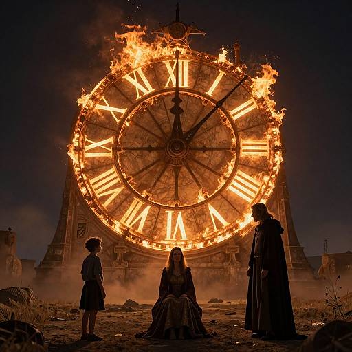 Photograph of a massive, fiery clock face with glowing Roman numerals, three silhouetted figures in dark clothing in front, night sky,