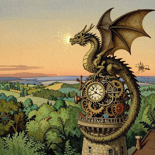 Colorful fantasy illustration: A golden dragon with wings perched on a clock tower with gears, overlooking a lush, rolling countryside at sunset.