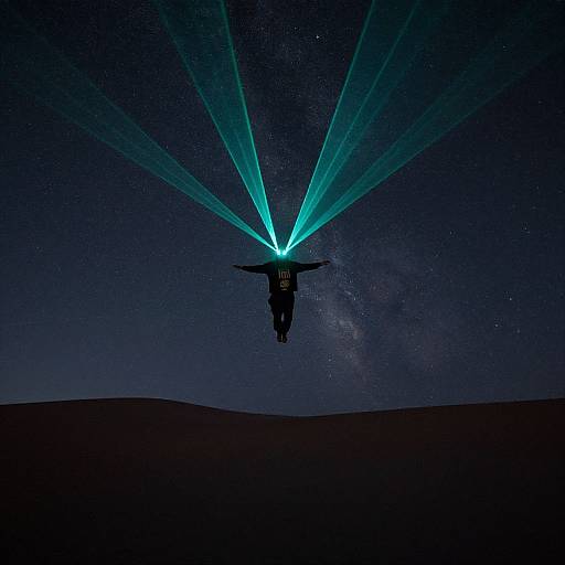 Photograph of a silhouetted drone with bright blue laser beams projecting upward into a starry night sky over a dark, barren landscape.