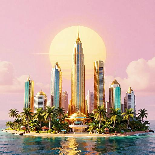 Emerald Sun Over Futuristic Tropical Island