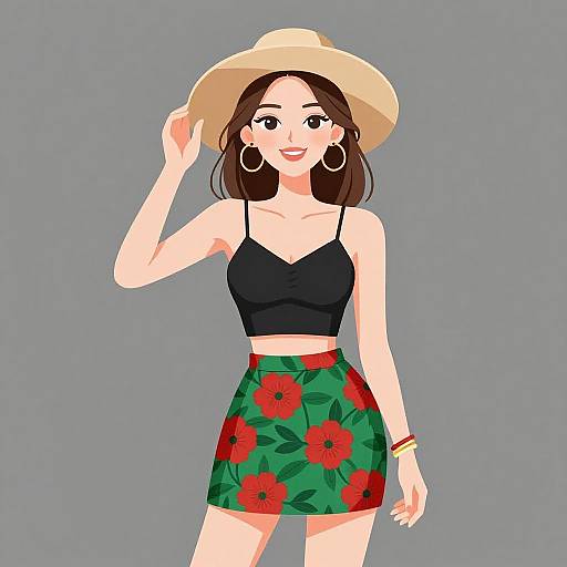 Digital illustration of a smiling woman with fair skin, brown hair, wearing a black crop top, red floral skirt, and large hoop earrings, adjusting a