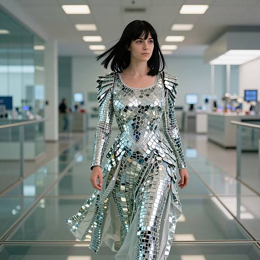 Photograph of a woman with black hair, wearing a silver, reflective, long-sleeve, mirror-tile dress, walking in a modern,