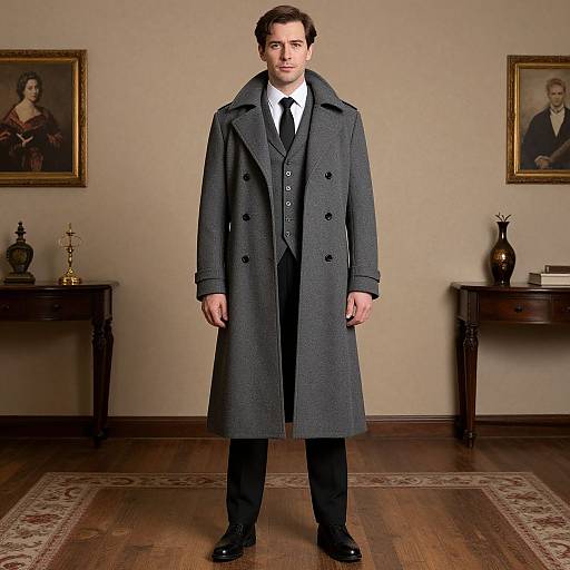 Photograph of a white man in a dark gray overcoat, black suit, white shirt, and black tie, standing in an elegant room with wooden