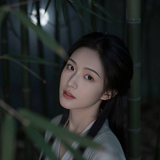 Photograph of an Asian woman with fair skin and dark hair, softly illuminated in a bamboo forest at night, with green leaves in the foreground.