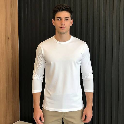 Photorealistic CGI of a handsome, young man with short dark hair, wearing a white long-sleeve shirt and beige pants, standing against a