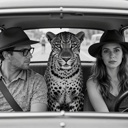 Black and White Photo of Couple and Leopard in Car