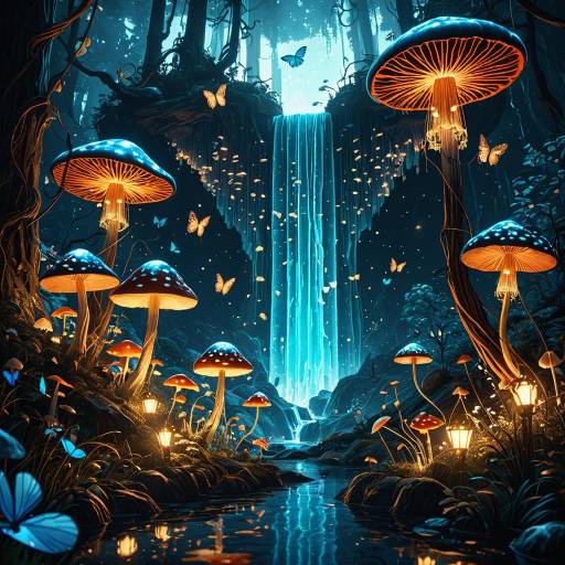 Bioluminescent Mushroom Forest with Crystalline Waterfall