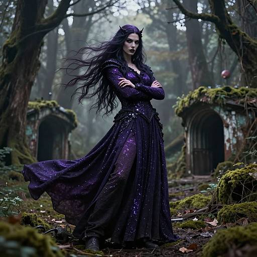 Fantasy photograph of a dark-haired, purple-dressed woman with horned headpiece, standing confidently in a misty, mossy forest with ancient