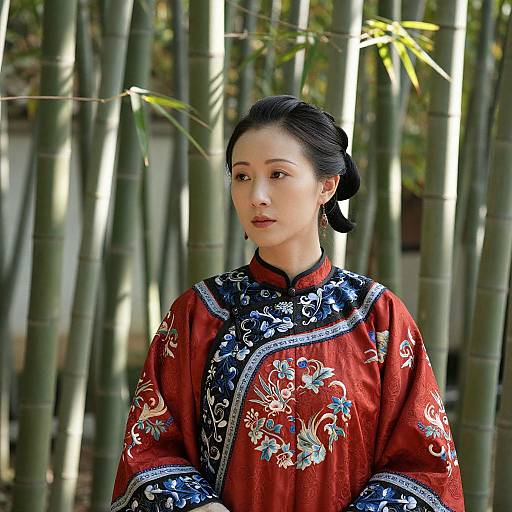 Photograph of an Asian woman with black hair in an ornate red and blue floral kimono, standing amidst tall bamboo stalks.
