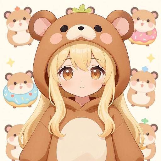 Anime-style drawing of a blonde girl with amber eyes, wearing a cute brown bear hoodie, surrounded by adorable, chubby hamsters.