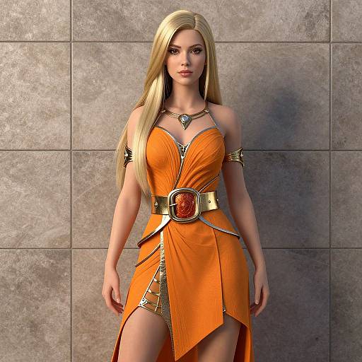 CGI image of a blonde woman with long hair, wearing an orange, gold-accented, strapless dress with a high slit, standing against