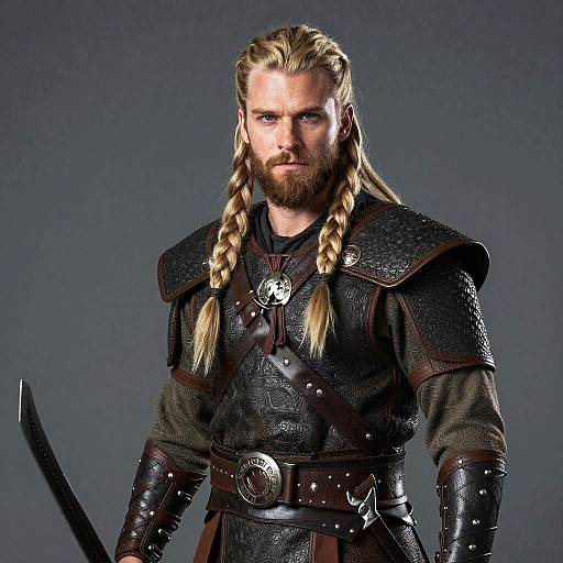 Photograph of a muscular, bearded man with long blonde braids, wearing dark, textured medieval armor, holding a curved sword, against a gray