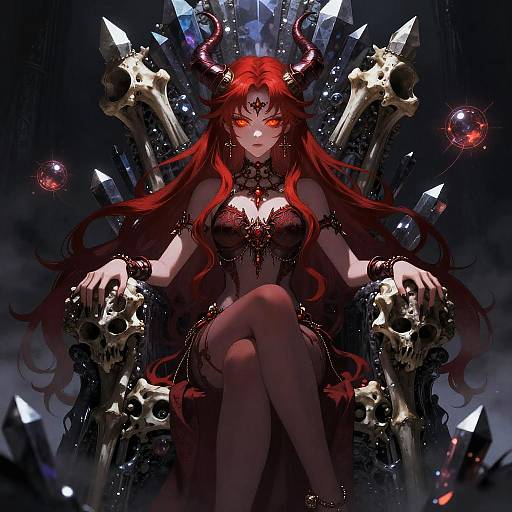 Digital art of a red-haired demon queen with glowing eyes, sitting on a throne made of bones and crystals, wearing a dark, revealing dress.