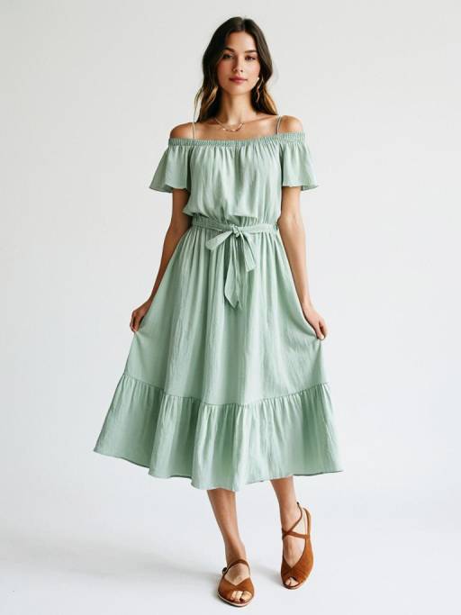 Woman in Bohemian Chic Pale Mint Green Off-the-Shoulder Dress