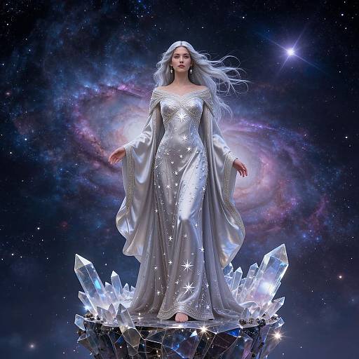 Digital artwork of a silver-haired woman in a star-patterned, off-shoulder gown, standing on a crystal platform against a galaxy background.