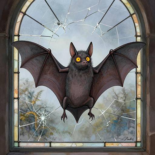 Digital illustration of a dark, furry bat with glowing yellow eyes, wings spread wide, flying through a cracked, arched stained glass window. Artist signature