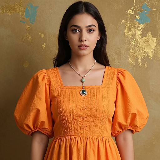 Photograph of a young woman with long dark hair, wearing an orange dress with puffed sleeves, green necklace, and gold background.