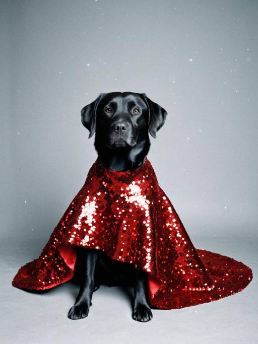 Black Labrador in Crimson Red Sequined Dress