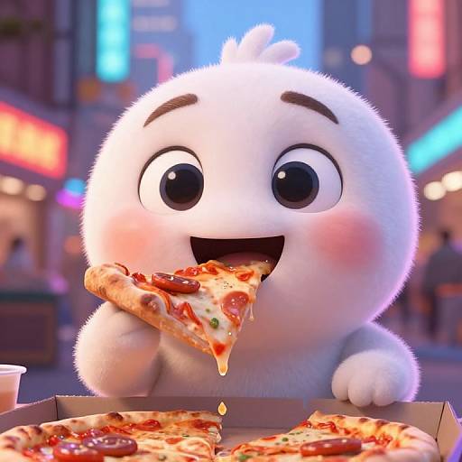 CGI image of a fluffy, white, cartoon creature with big eyes, eating a slice of pepperoni pizza in a brightly lit, neon-lit