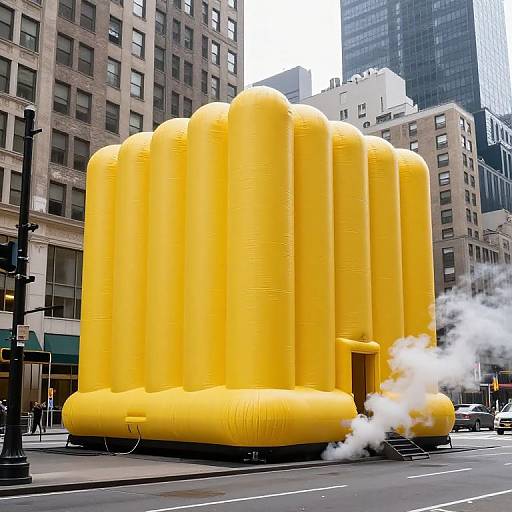 Photograph of a massive, bright yellow inflatable balloon-like structure on a city street, surrounded by tall buildings, emitting white smoke from its base. Urban