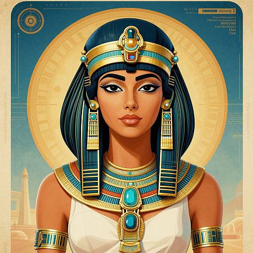 Digital artwork of an Egyptian woman with dark blue bob, gold and turquoise headdress, white top, ornate jewelry, and golden halo against a blue