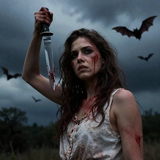 Intense Woman with Bloody Knife in Storm