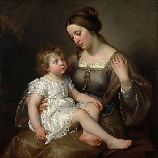 Baroque-style painting of a fair-skinned woman in a dark dress tenderly holding a young child in a white lace dress.