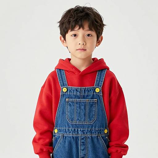 Boy in Red Hoodie and Blue Overalls