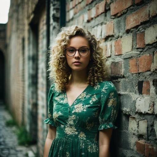 Young Woman in Green Floral Dress by Brick Wall