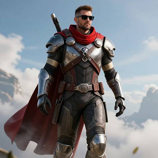 Photorealistic CGI of a muscular, bearded man in shiny silver armor, red scarf, black gloves, and sunglasses, standing against a bright blue
