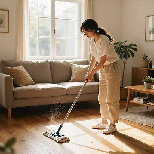 Young Woman Cleaning Sunlit Living Room