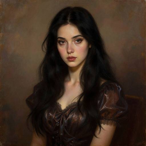 Digital painting of a beautiful young woman with long black hair, pale skin, and intense brown eyes, wearing a dark brown, slightly translucent top, set