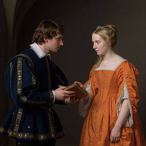 Photograph of a 17th-century styled portrait: a young man in dark, gold-trimmed jacket hands a book to a blonde woman in