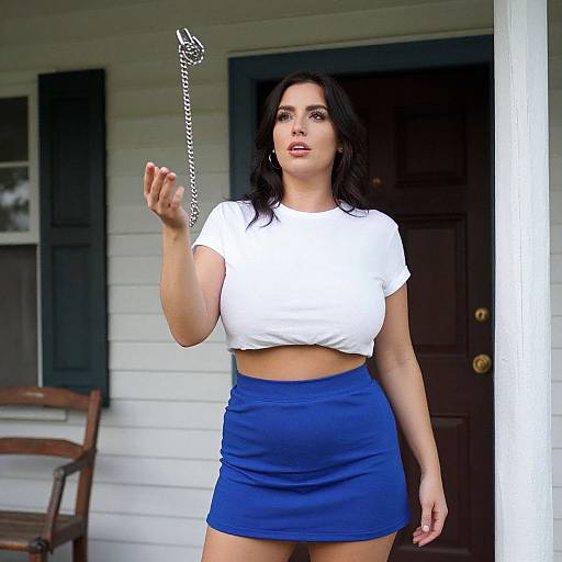 Photograph of a curvy woman with long black hair, wearing a white crop top and blue skirt, holding a silver chain, standing in front of