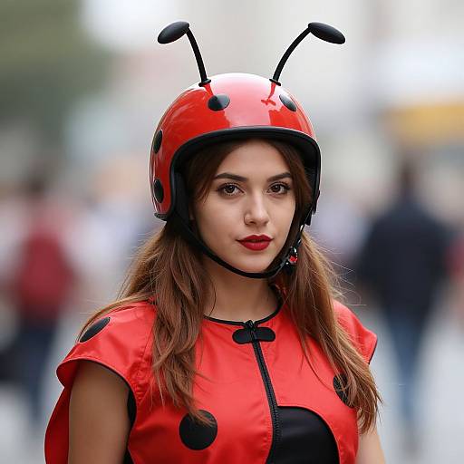 Photograph of a young woman with long brown hair wearing a red Ladybug helmet and matching red dress with black spots, standing outdoors in a blurred urban