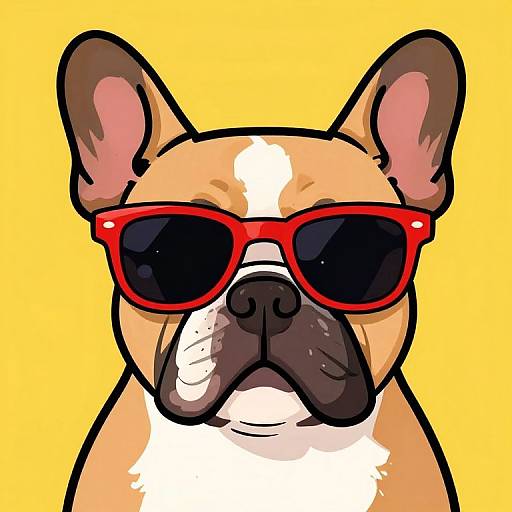Digital illustration of a brown and white French Bulldog wearing large red sunglasses against a solid yellow background.