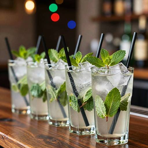 Five Mint Iced Drinks with Straws on Bar Counter