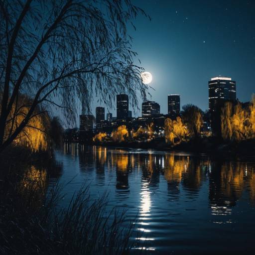 Moonlit Riverside Urban Skyline at Twilight