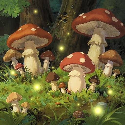 Digital fantasy artwork of glowing fireflies illuminating a forest of red-capped, white-spotted mushrooms with lush green moss and trees in the background.