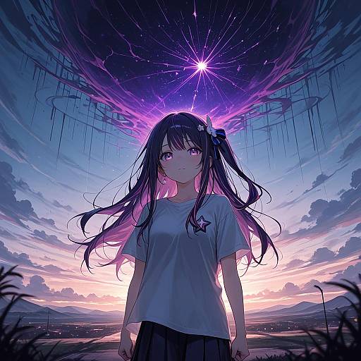 Anime Girl with Purple Hair Under Cosmic Sky