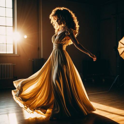 Female Dancer in Flowing Silk Dress at Sunset