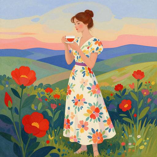 Digital illustration of a woman with red hair in a floral dress, holding a teacup, standing in a vibrant meadow with red flowers, under