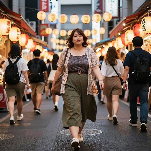 Photograph of a curvy Asian woman with shoulder-length brown hair, wearing a patterned cardigan, gray top, olive green pants, and white
